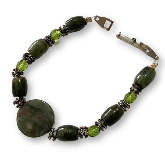 Artisan Green Jasper and Sterling Silver Stone Beaded Bracelet - Picture 2 of 3